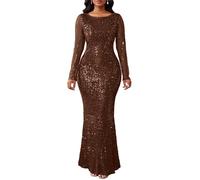 VERWIN Abito da donna con paillettes, aderente, girocollo, maniche lunghe, scintillante, a sirena, maxi per casual, festa, cocktail, marrone, M