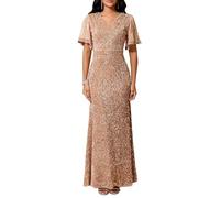 VERWIN Abito da donna con scollo a V e maniche in rete scintillanti, elegante, per feste, serate, formali, sirena, con paillett, Cammello, M