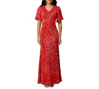 VERWIN Abito da donna con scollo a V e maniche in rete scintillanti, elegante, per feste, serate, formali, sirena, con paillett, Rosso, XL