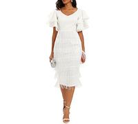 VERWIN Abito da donna maxi con frange a vita alta con scollo a V con nappe a più livelli abito da ballo, bianco, L