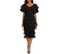 VERWIN Abito da donna maxi con frange a vita alta con scollo a V con nappe a più livelli abito da ballo, Nero , XXL