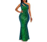 VERWIN Abito da donna senza maniche con paillettes e colletto obliquo, Verde, M