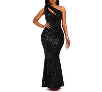 VERWIN, Abito da sera da donna con paillettes, scollatura obliqua, senza maniche, stile sirena, abito aderente, abito da festa, Nero , M