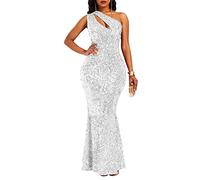 Verwin, Abito da sera da donna con paillettes, senza maniche, scollo obliquo, a sirena, abito aderente, abito da festa, bianco, M