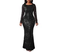VERWIN Abito lungo da donna con paillettes, scollo rotondo, maniche lunghe, scintillante, a sirena, per feste e cocktail, nero, M