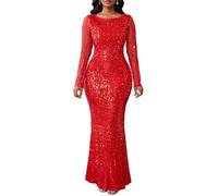 VERWIN Abito maxi abito da donna con paillettes, scollo rotondo, maniche lunghe, scintillante a sirena, per feste casual cocktail, Rosso, M
