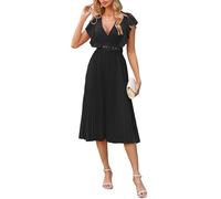 VERWIN Abito midi da donna con maniche a volant, senza maniche, pieghettato, tinta unita, con cintura, scollo a V, casual, per feste, cocktail, abito da sera, nero, XL