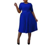 VERWIN Abito taglie forti abito a maniche corte da donna con scollo rotondo, abiti svasati, abito midi con cintura, plissettato, Blu, 5XL plus