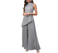 VERWIN Completo in 2 pezzi con top a paillettes a maniche corte asimmetrico, pantaloni a gamba larga lunghi e pieghe, set da salotto con camicia a collo alto, grigio, XXL