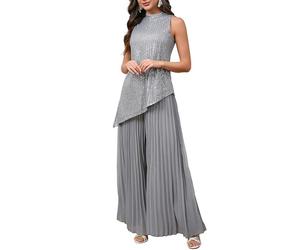 VERWIN Completo in 2 pezzi con top a paillettes a maniche corte asimmetrico, pantaloni a gamba larga lunghi e pieghe, set da salotto con camicia a collo alto, grigio, XXL