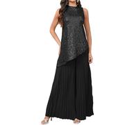 VERWIN Completo in 2 pezzi con top a paillettes a maniche larghe asimmetriche, pantaloni lunghi a gamba larga pieghe sciolte, set con camicia a collo alto, Nero , XXL