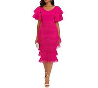 VERWIN Maxi abito da donna a vita alta con scollo a V e nappe a balze e maniche a balze, Rosa, M