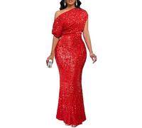 VERWIN Maxi abito da donna con paillettes, con volant, monospalla, aderente, scintillante, per feste e cocktail, Rosso, XL