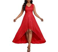 VERWIN Maxi abito da donna senza maniche con scollo a V con paillettes e orlo a volant spacco - scintillante abbigliamento casual da cocktail per feste, Rosso, M