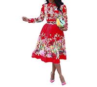 VERWIN - Vestito da Donna con Maniche a Tre Quarti, Lunghezza al Ginocchio, Pieghettato, Motivo Floreale (XX-Large, Rosso)