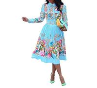 VERWIN - Vestito da Donna con Maniche a Tre Quarti, Lunghezza al Ginocchio, Pieghettato, Motivo Floreale (X-Large, Blu)