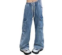Veryin Baggy Jeans Pantaloni Cargo per Le Donne Fidanzato Rilassato Fit Jeans Gamba Dritta con Tasche Cargo Pantaloni da Lavoro con Catena