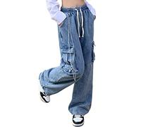 Veryin Jeans da donna Baggy Cargo, a vita alta, Y2K, Boyfriend, casual, largo, con coulisse, tasche con catena, 126 Blu, XL