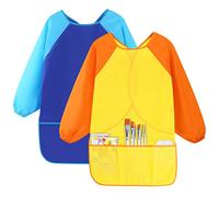 Vesaneae 2 Pezzi Impermeabile Grembiule da Pittura per Bambini 7-12 Anni Ragazza/Ragazzo, Scuola Grembiulino Maniche Lunghe con 3 Tasche, Grembiule da Gioco per Pittura, Cucina, Scuola, Casa (A)