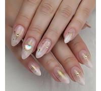 Vesavifaka 3D Boho Stelle Oro Unghie Finte Adesive, Mandorla Media 24 Pezzi, Unghie Finte Riutilizzabili in Acrilico Adesivi con Dettagli Celestiali Carini