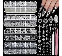 Vesavifaka Argento Nail Charms Set di Strass, 4 Scatole Pietre per Unghie, Accessori 3D Y2K per Decorazioni Unghie, Charms a Forma di Croce per Nail Design Stelle, Nail Art