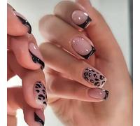 Vesavifaka Press on Nails, unghie finte corte quadrate in stile francese con stampa leopardata nera, unghie lucide, copertura totale acrilica per donne, 24 pezzi