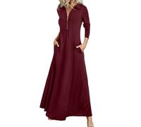 Veslyn Vestito Donne A Collare Maxi Camicia Abito Zip su Manica Lunga Una Linea con Tasche Elegante Casual Pavimento Lunghezza per Ufficio Giornaliero-Burgundy-XL