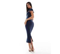 Vesper - Vestito al polpaccio in bengalina blu navy con scollo alla Bardot a cuore e zip sul retro 38