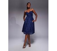 Vesper - Vestito midi blu navy in bengalina con strato sovrapposto in pizzo, fondo a pieghe e scollo a cuore 38