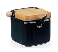 Vessia - Zuccheriera in ceramica, con coperchio in legno di bambù, con cucchiaio da zucchero, zuccheriera, dimensioni 10 x 8 x 8 cm, colore: nero