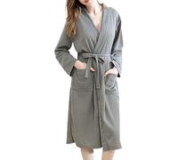 Vestaglia a nido d'ape da donna leggera a nido d'ape vestaglia lunga accappatoio morbido di lusso accogliente pigiama alla moda scollo a V maniche lunghe con cintura per tutte le stagioni spa hotel