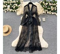 Vestaglia Babydoll Elegante Nera In Pizzo Trasparente Con Cintura Satin 28907