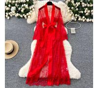 Vestaglia Babydoll Sensuale Rossa In Pizzo Trasparente Con Cintura Satin 28907