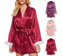 Vestaglia corta da donna con scollo a V obliquo con bordo grezzo, accappatoio leggero e morbido, vestibilità comoda, con lacci, abbigliamento da salotto alla moda per hotel, rosa, M