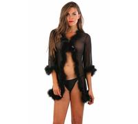 Vestaglia da Camera Corta NERO Kimono in Tulle Velato con Bordi in Piume