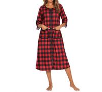 Vestaglia da donna a quadri da donna pigiama a 3/4 con zip intera tartan camicia da notte natalizia in pile morbido e caldo abbigliamento da casa pigiama stampato a maniche corte camicie da notte