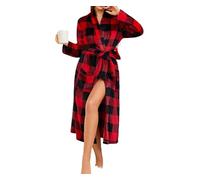 Vestaglia da Donna in Flanella a Quadri Neri e Rossi - Vestaglia invernale Morbida e Calda - Comoda Accappatoio con Scollo a V - Pigiama Lungo di Lusso Tinta Unita - Accappatoio da Casa Rosso S