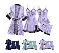 Vestaglia da donna in raso leggero - Set da 4 pezzi anteriore aperto pizzo biancheria da notte con spalline sottili, abito da babydoll elegante set di cinture loungewear comodo pigiama pigiama, Blu