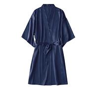 Vestaglia da donna leggera estiva - accappatoi da donna stile corto abito da sposa con obliquo raso accappatoio camicia da notte tinta unita kimono vestaglia morbida festa di nozze pigiameria, Blu, L