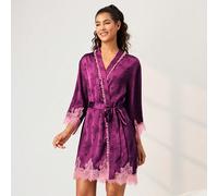 Vestaglia Kimono in Raso Viola di Lusso per Sposa Estiva - Elegante Camicia da Notte con Cintura in Vita e Dettagli in Pizzo Abbigliamento da Salotto da Sposa Articoli da Matrimonio Ora di moda L,M,S,
