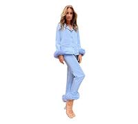 Vestaglia lunga da donna con piume, pigiami per maniche lunghe, set pigiama in raso, a maniche lunghe, con bottone, camicia lunghi, elegante e tinta unita, pigiameria, Blu, S