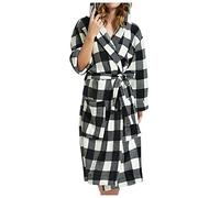 Vestaglia lunga da donna in pile, vestaglia da donna, calda e accogliente, con cappuccio, soffice abbigliamento da notte, vestaglia scozzese con tasche e cintura, bianco, S