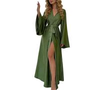 Vestaglia Lunga e Solida per Donna,Vestaglia Kimono Di Lusso con Maniche Svasate,Scollo a V,Annodabile,Morbida e Comoda per Pigiama,Verde XL
