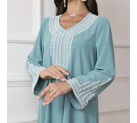 Vestaglia lunga larga da donna ricamata e impreziosita con perline, adatta per la stagione del digiuno, kaftan modesto L,M,S,XL,XXLTessuto