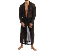 Vestaglia trasparente da uomo in rete, camicia da notte in rete, camicia lunga da strada trasparente sexy cardigan con spacco del camicetta lunga (Black, XXL)
