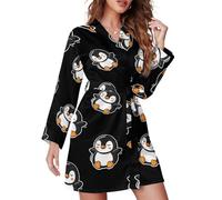 Vestaglie Corte a Maniche Lunghe per Donna - Accappatoio da Donna con Cintura e Scollo a V, Taglia X-Large, Motivo: Pinguino dei Cartoni Animati