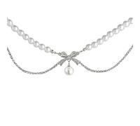 Vestamore Collana a strati da donna, collana a doppio strato con perle finte con fiocco e perline di cristallo, design in lega lucida, lunghezza regolabile per varie occasioni