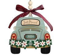 Vestamore First Christmas 2024 - Decorazione per auto per coppie sposate, decorazione in legno da 3,5 cm con fiocco a scacchi, albero dei ricordi da appendere per sposi
