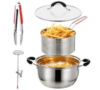 Vestamore Set di 4 friggitrici resistenti, in acciaio inossidabile 304, include una pentola da 25,7 cm per friggere, cuocere a vapore, cucinare, termometro, clip per alimenti, cestello per friggere