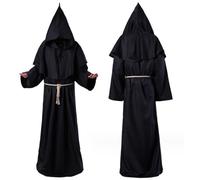 Veste da Monaco, Costume da Sacerdote Uomo, Veste Medievale Nera XL con Cappuccio, Costume da Monaco con Croce e Corda, Costumi da Monaco per Feste a Tema Halloween Cosplay Carnevale in Costume